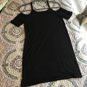 Black open shoulder shift dress